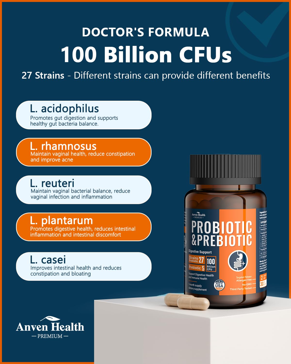 Anven Health organic prebiotics blend scoop image highlights gut-friendly fiber.
