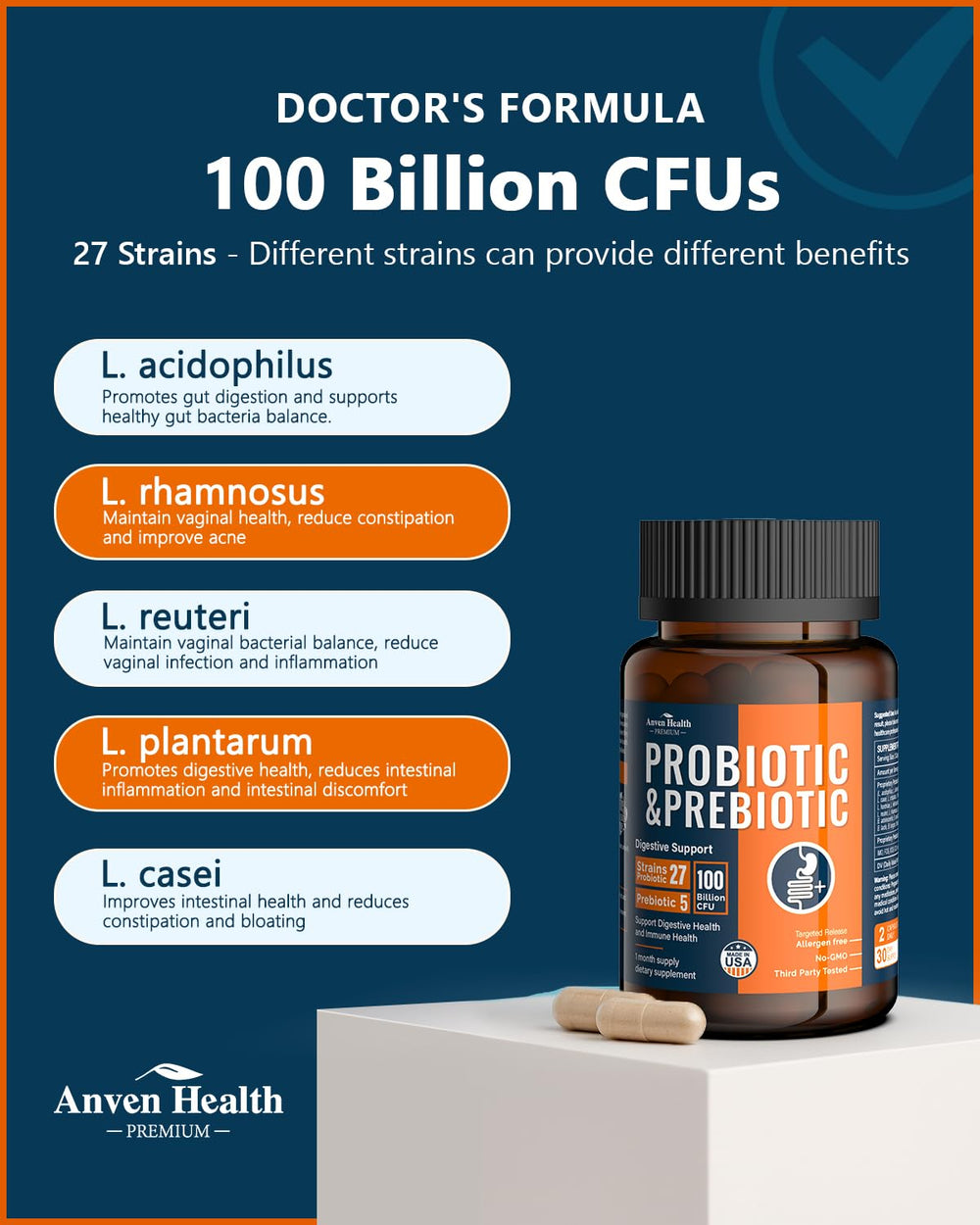 Anven Health organic prebiotics blend scoop image highlights gut-friendly fiber.