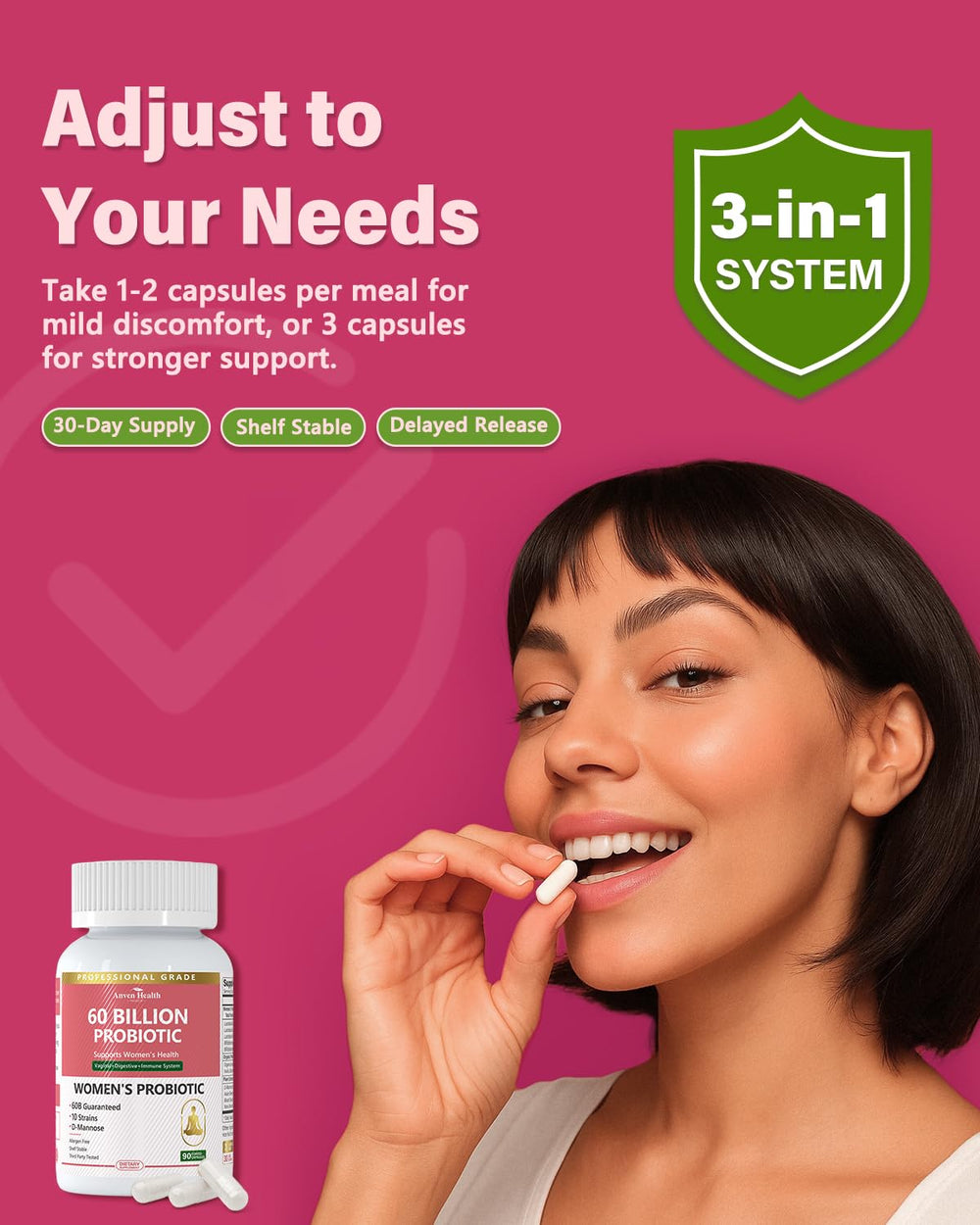 Anven Health Probiotics packaging highlights vegan and non-GMO formulation.