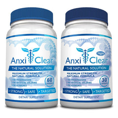 AnxiClear daytime bottle close-up showing mood-support formula for daytime calm