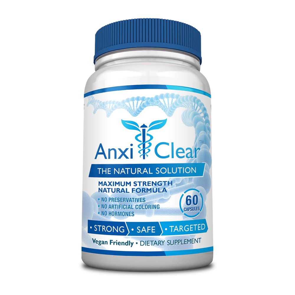 AnxiClear day formula bottle on table, supports daytime mood balance and calm focus.