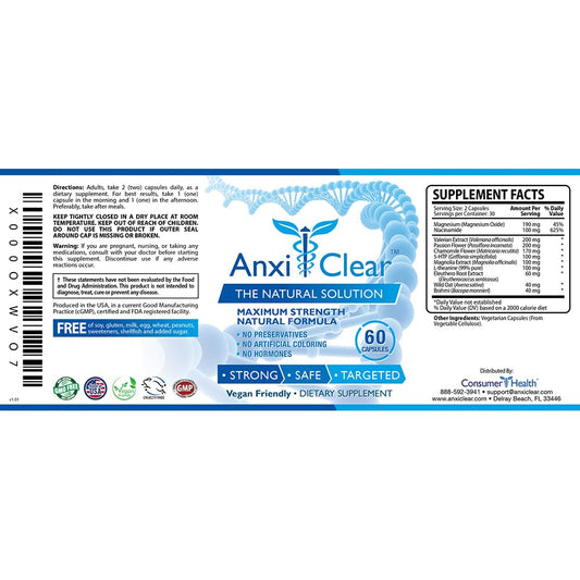 AnxiClear day formula capsules in hand for easy daily mood support.