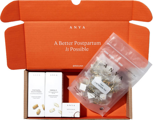 ANYA New Mom Breastfeeding Essentials Kit packaging shows a complete postpartum support set.