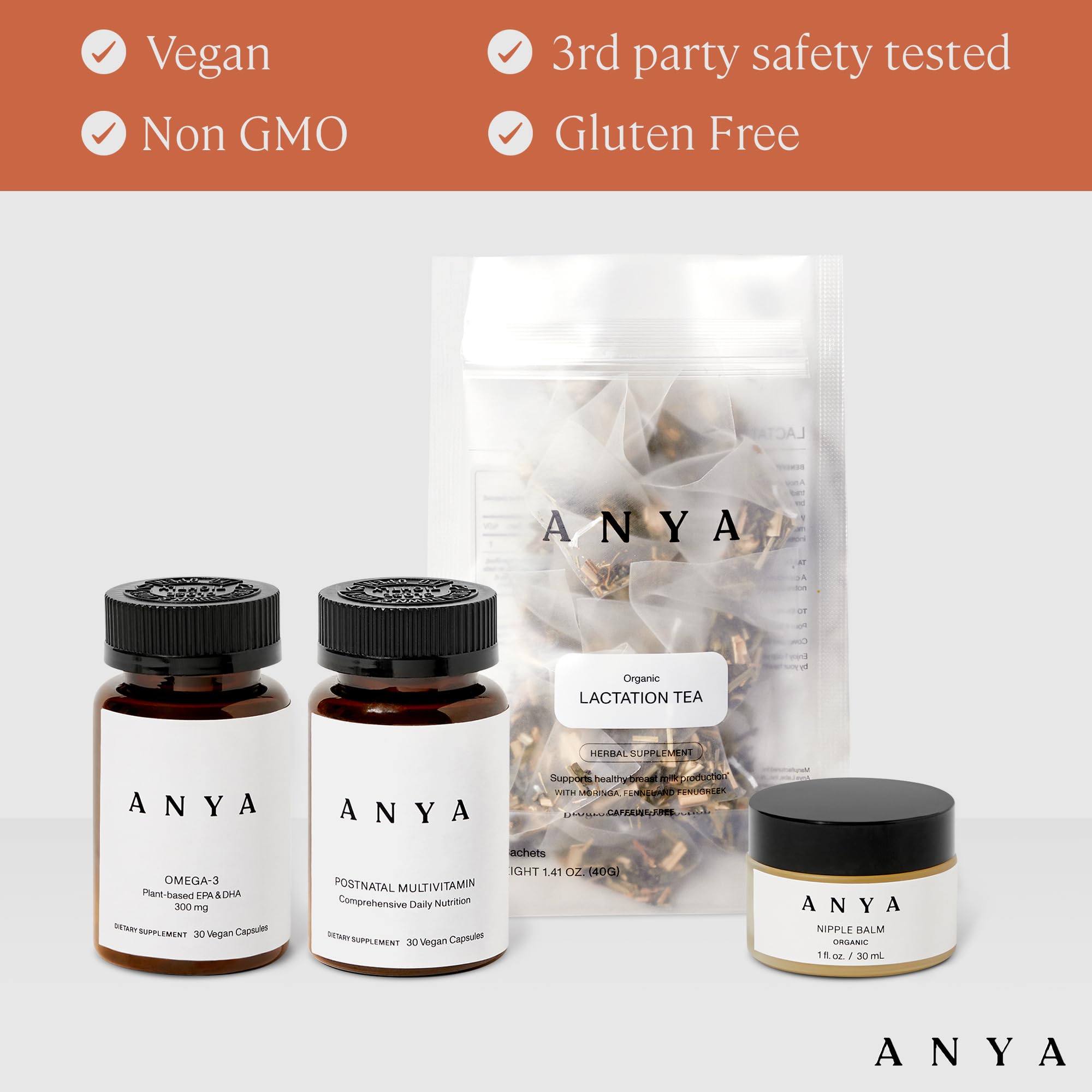 ANYA Omega-3 softgel bottle emphasizes fatty acids for maternal health.