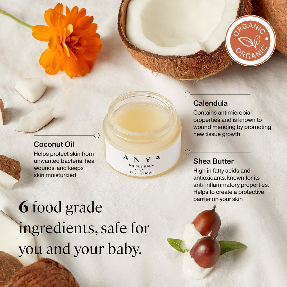 ANYA Organic Nipple Balm tube demonstrates fragrance-free relief for sensitive skin.