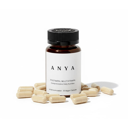 ANYA Postpartum Multivitamin bottle front view showing vegan formula for baby-friendly support