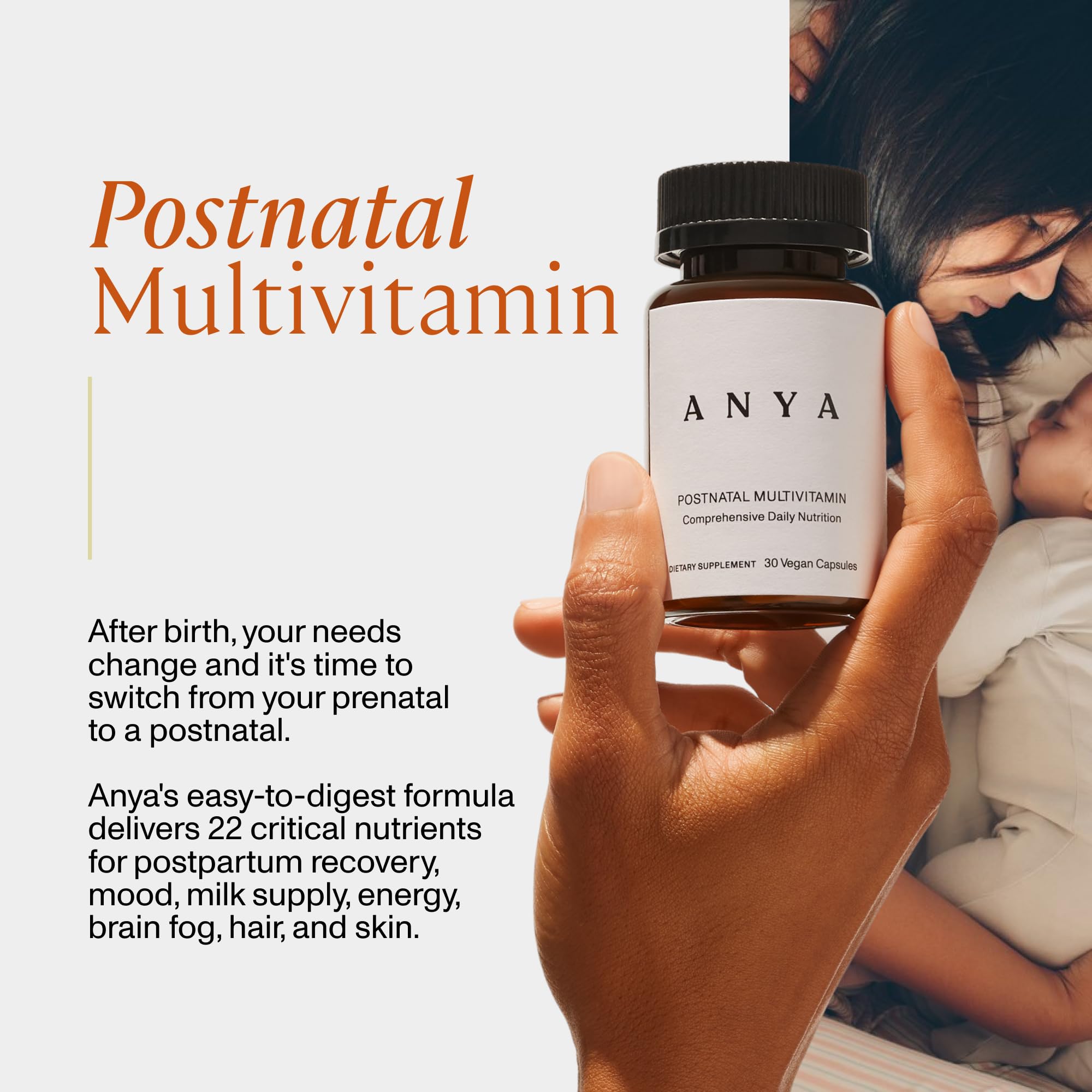 ANYA Postpartum Multivitamin capsules close-up highlighting bioavailable B vitamins for energy