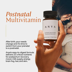 ANYA Postpartum Multivitamin capsules close-up highlighting bioavailable B vitamins for energy