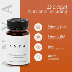ANYA Postpartum Multivitamin bottle image with iron and zinc focus for replenishment