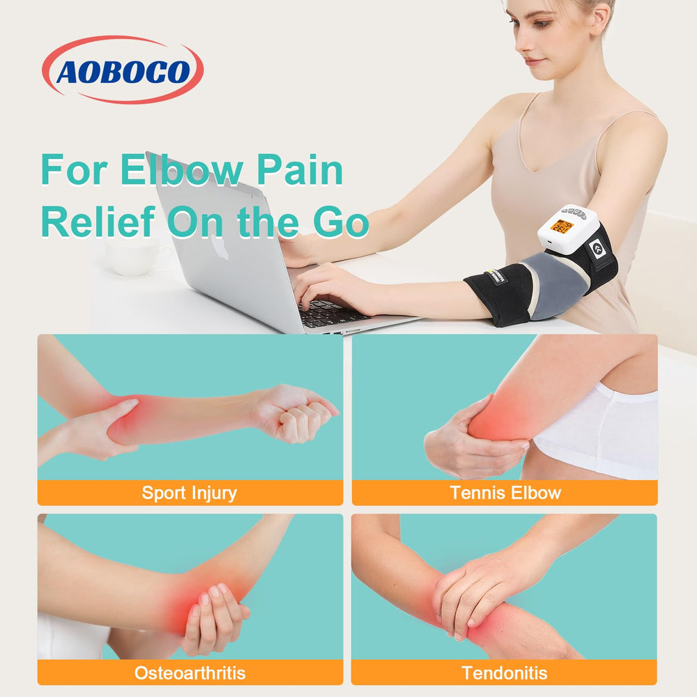 AOBOCO elbow massager showing three programmable modes for comfort