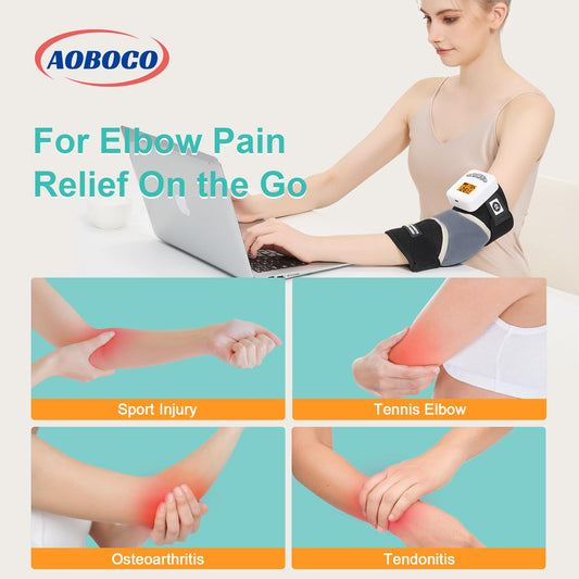 AOBOCO elbow massager showing three programmable modes for comfort