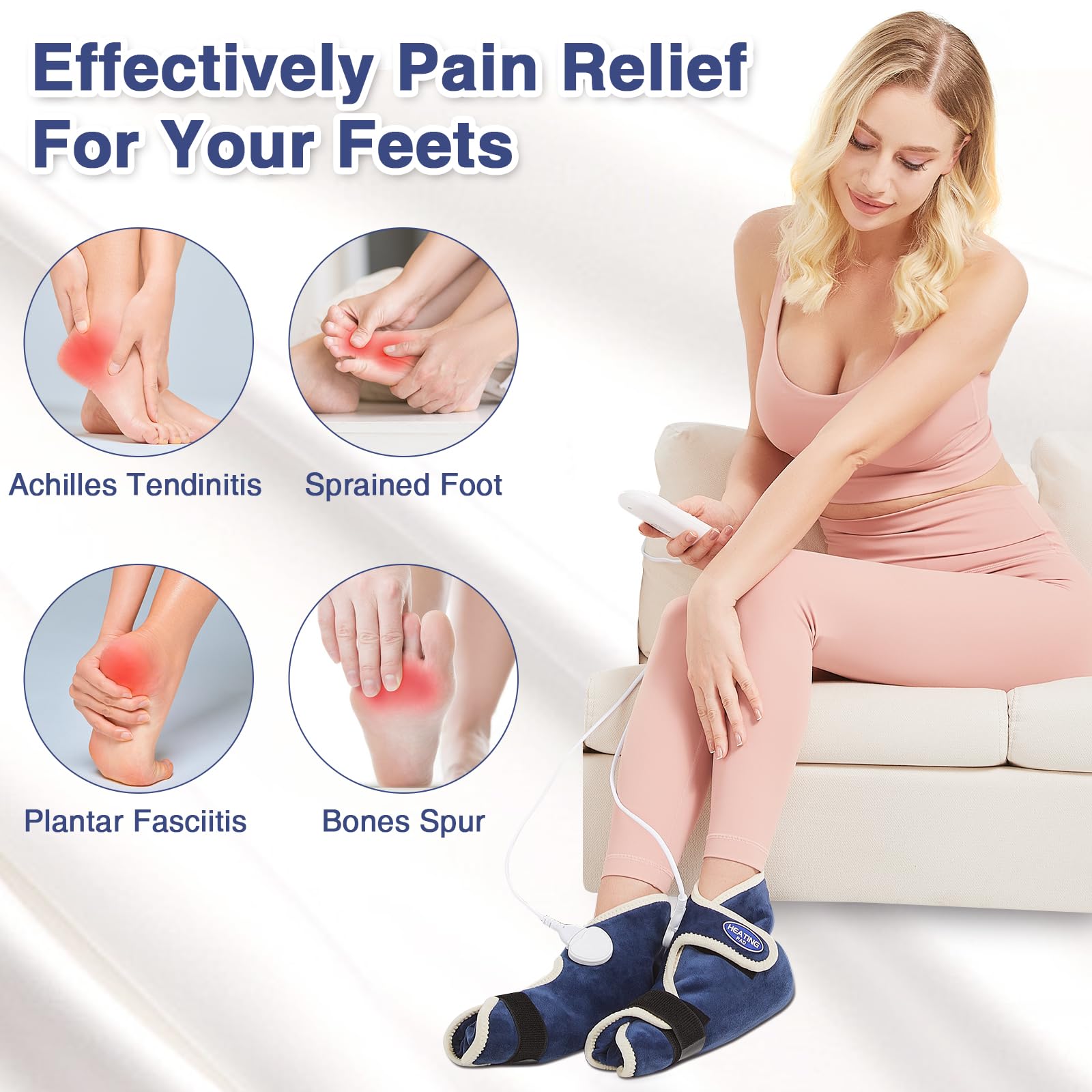 AOBOCO heated foot wrap shown on the foot demonstrating full coverage and snug fit.