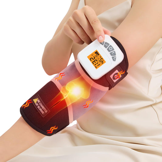 AOKESTE cordless elbow heating pad showing the 5000mAh battery for portable relief.