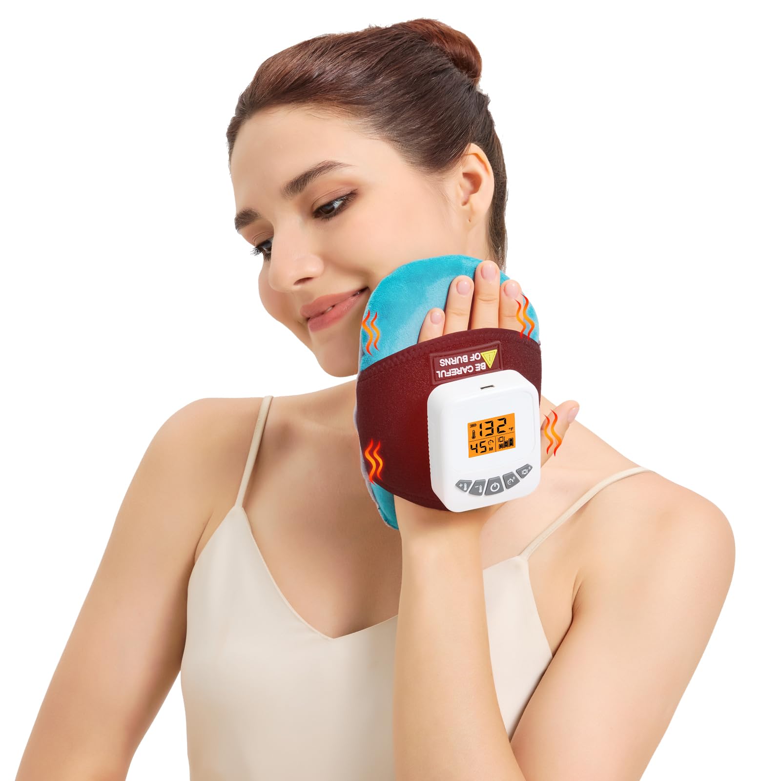 AOKESTE cordless heating pad with massager applied to the back for targeted warmth.
