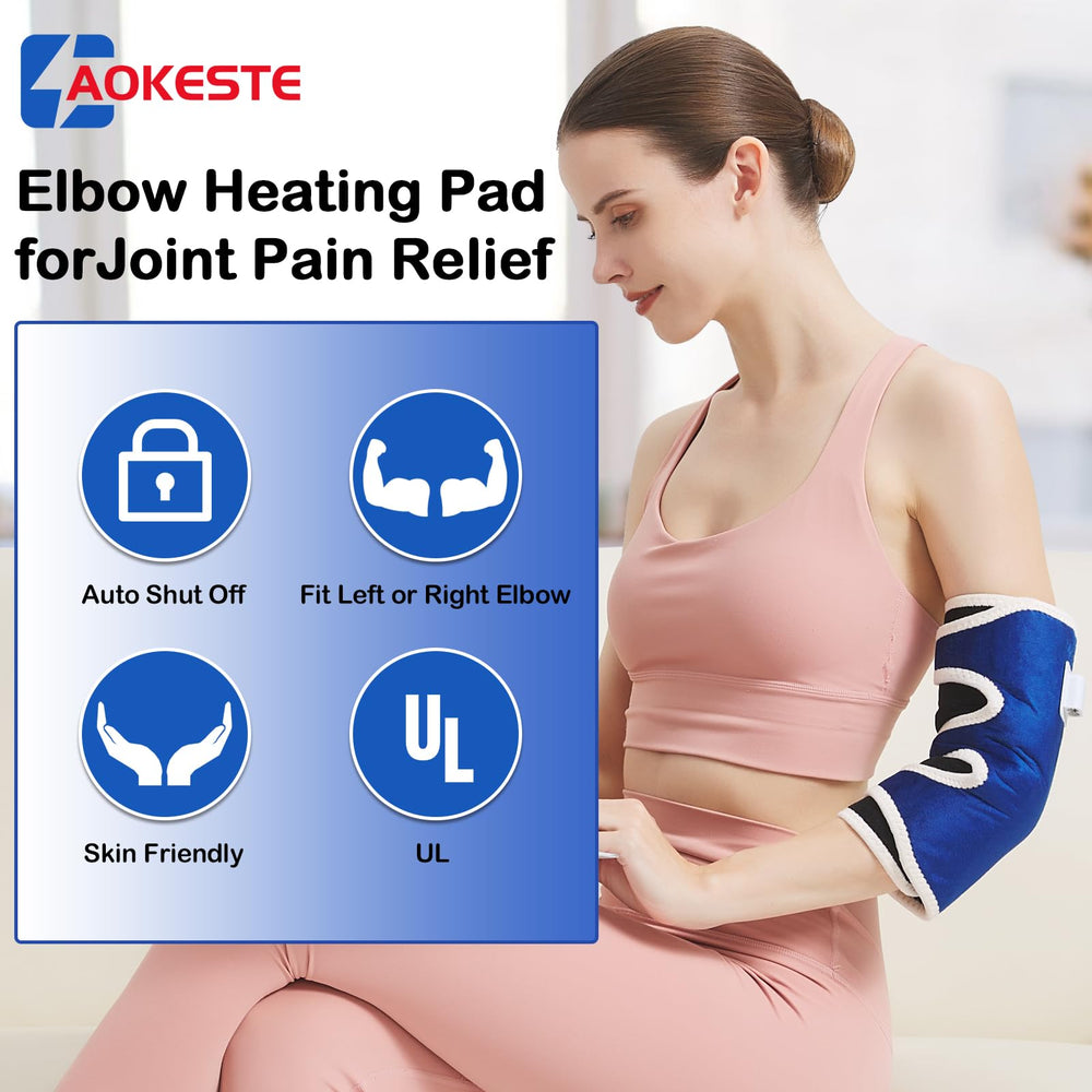 AOKESTE elbow heating pad with wrist strap close-up demonstrating secure fit.