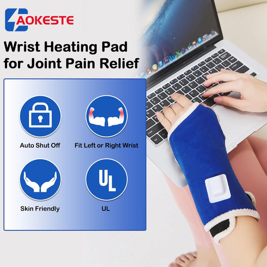 AOKESTE wrist heating pad showing adjustable heat settings for personalized therapy.
