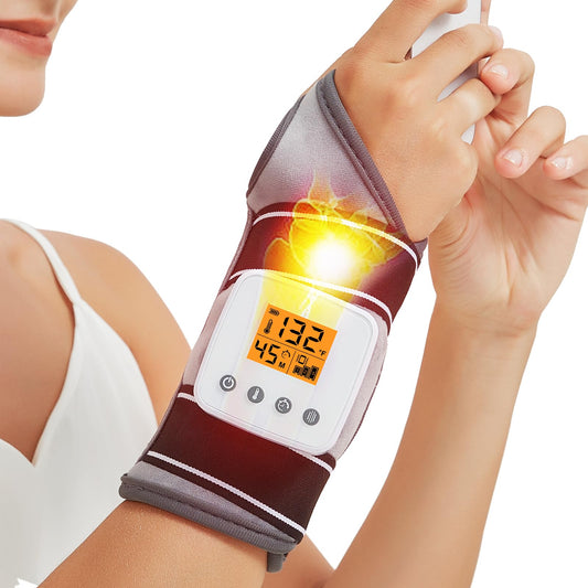 AOKESTE wrist heating pad in-use featuring 3-mode massage for targeted relief.