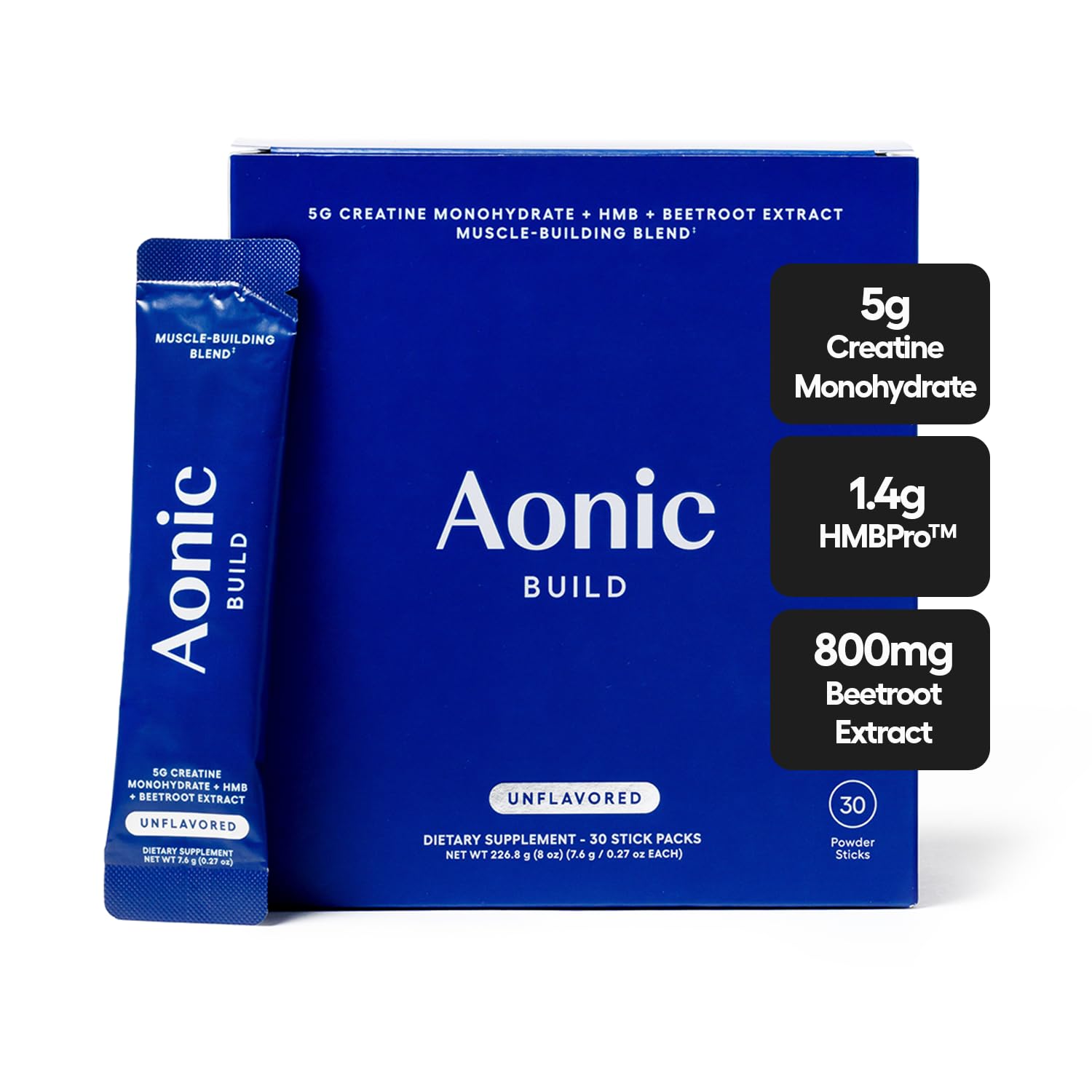AONIC Build 3-in-1 Creatine Powder bottle supports lean muscle goals.