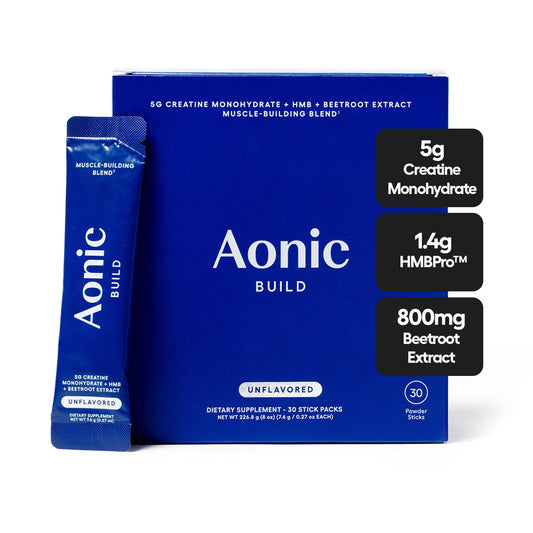 AONIC Build 3-in-1 Creatine Powder bottle supports lean muscle goals.