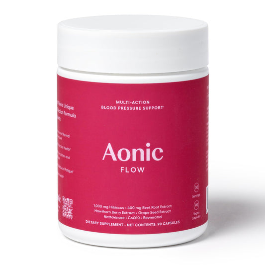 AONIC Flow bottle front view displaying a vegan, non-GMO supplement for daily cardiovascular support.