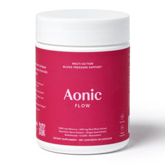 AONIC Flow bottle front view displaying a vegan, non-GMO supplement for daily cardiovascular support.
