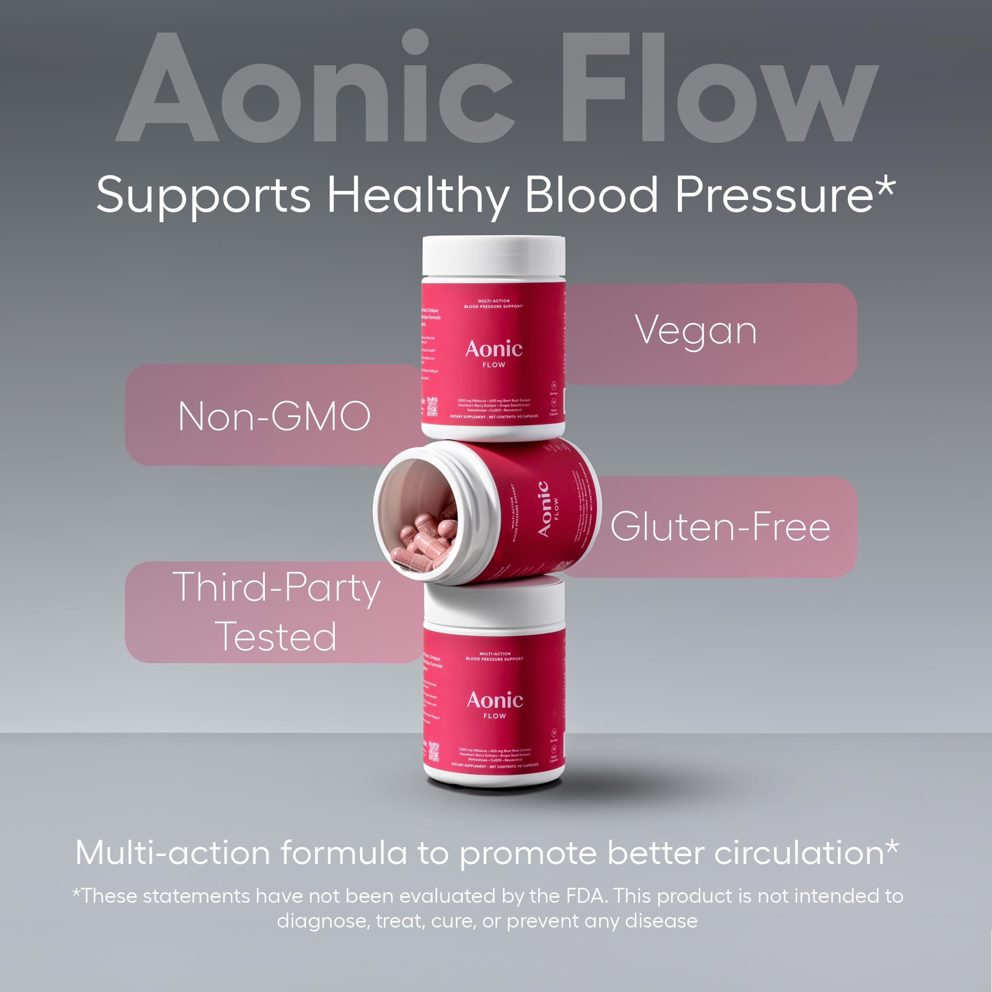 AONIC Flow hawthorn berry detail hints at botanicals supporting heart function.