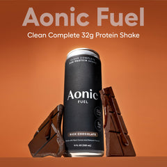 Ready-to-drink AONIC Fuel rich chocolate bottle on kitchen counter