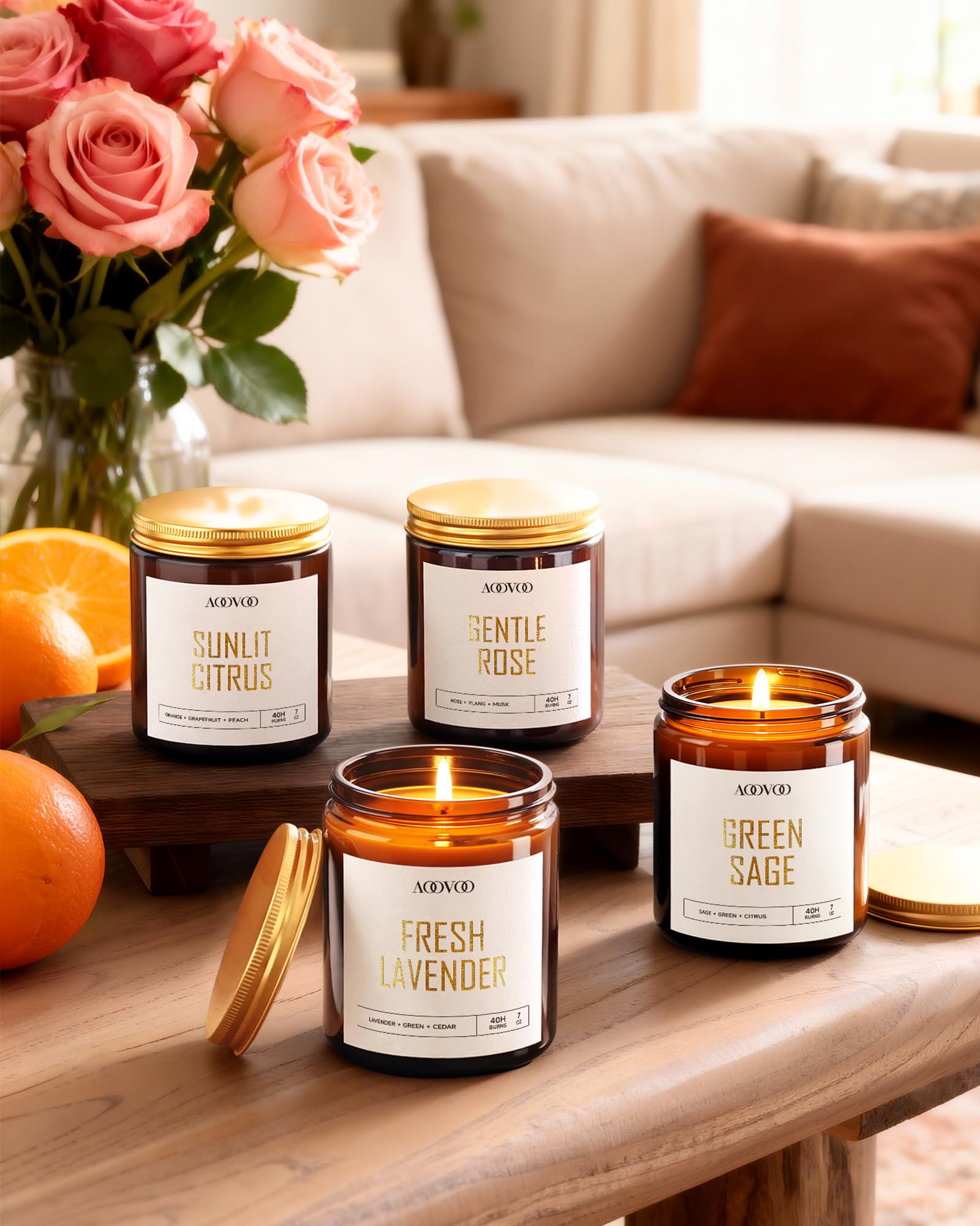 AOOVOO Citrus jar candle adds uplifting mood for daytime energizing moments.