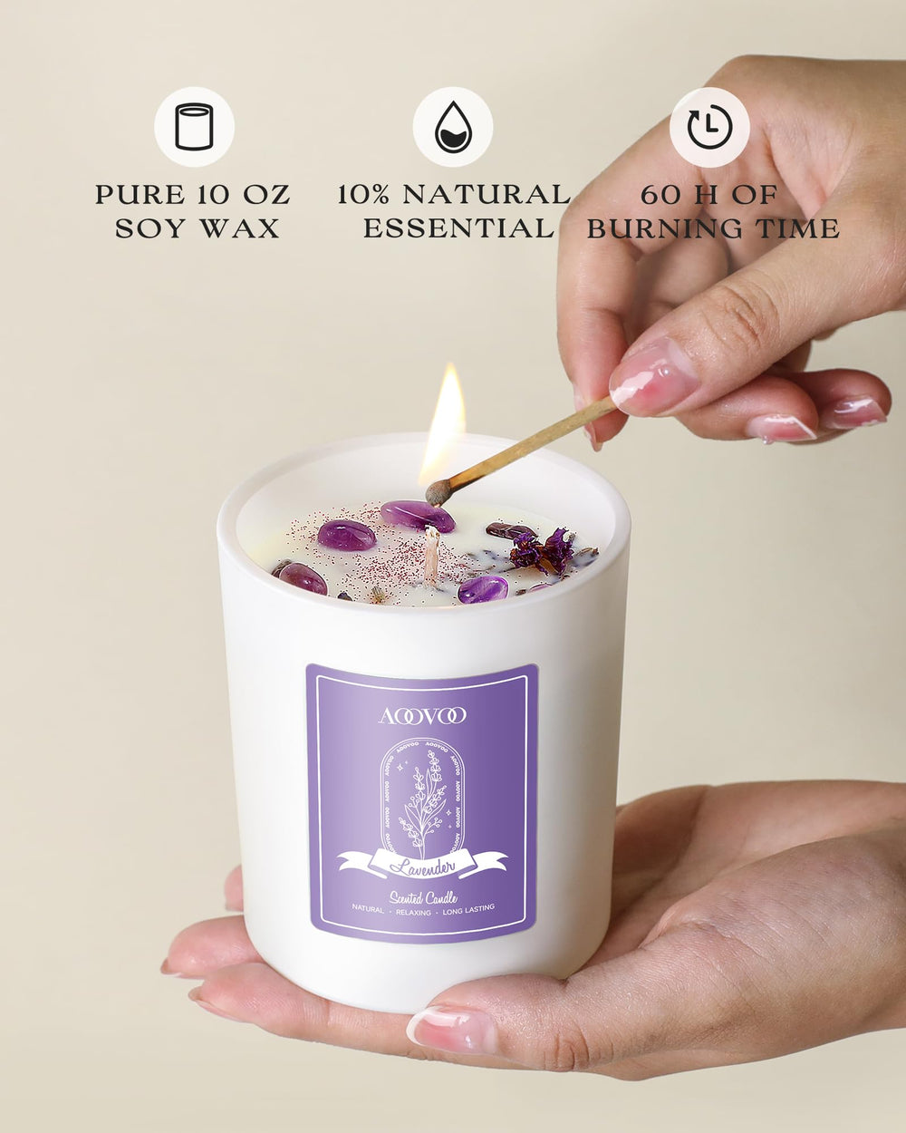 AOOVOO Crystal candle with dried flowers for meditative mood.
