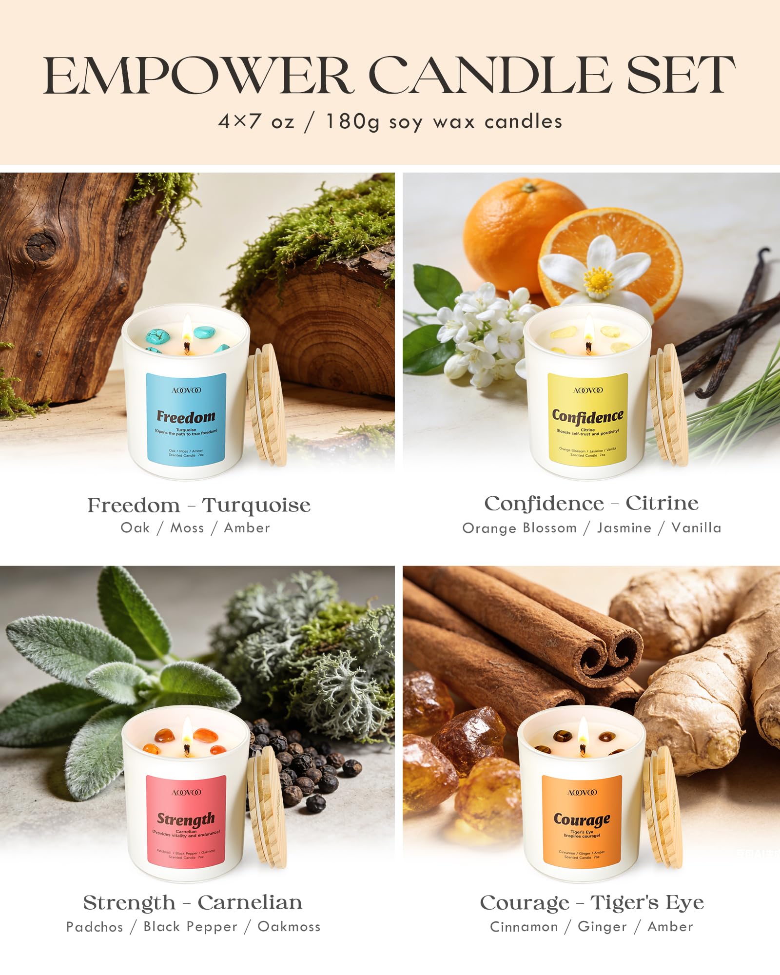 AOOVOO Empower Candles Set Strength fragrance with carnelian crystal for focus.