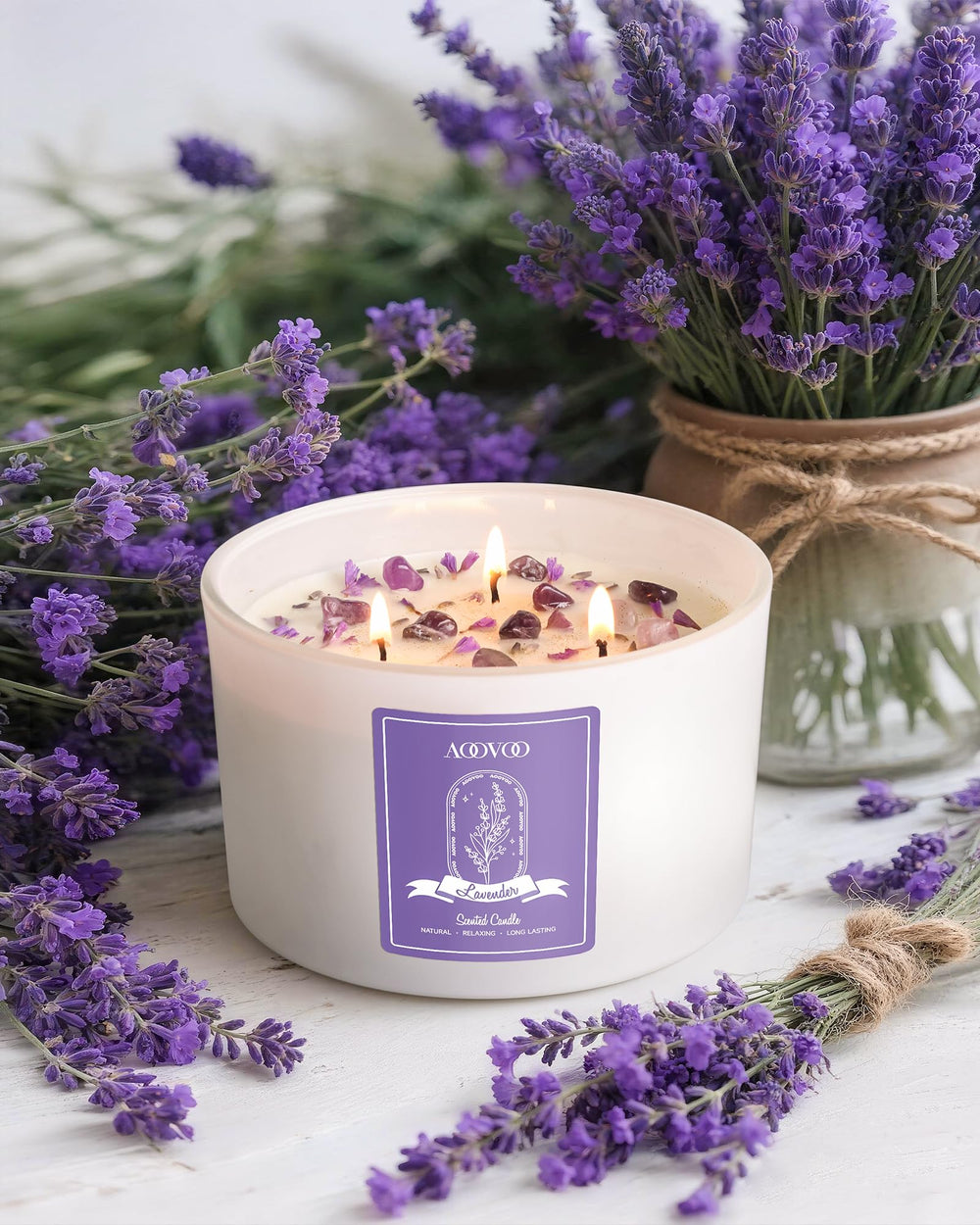 AOOVOO three-wick setup diffuses lavender aroma through a living room