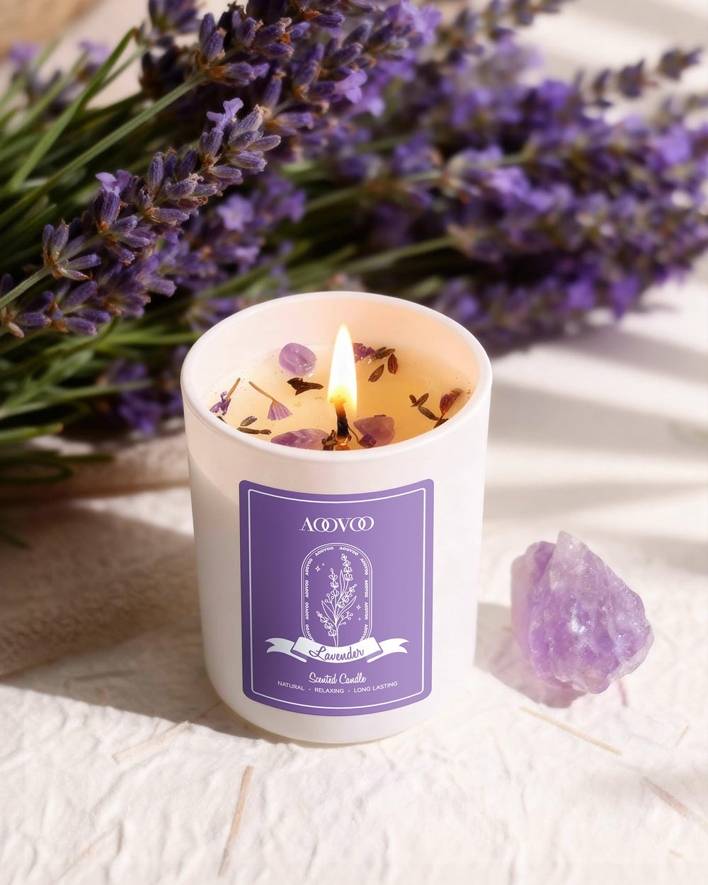 AOOVOO Lavender candle with a crystal inside for relaxation