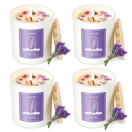 AOOVOO Lavender Candles Set with crystals inside creates a calming ambiance