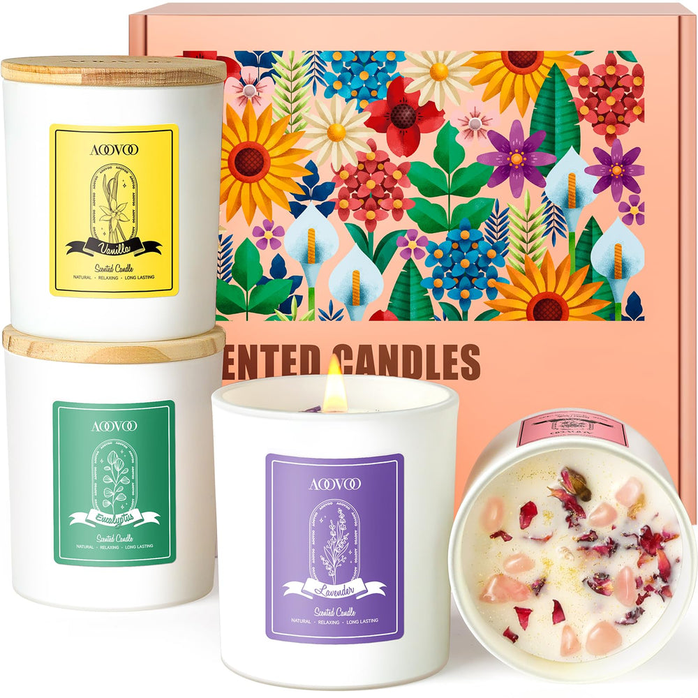 AOOVOO Rose scented candle with crystals inside for calming ambiance.