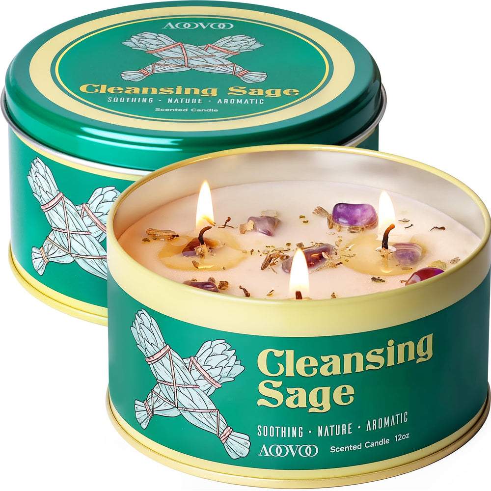 AOOVOO Sage Candle with crystals inside offers a meditative ambiance and purification vibes