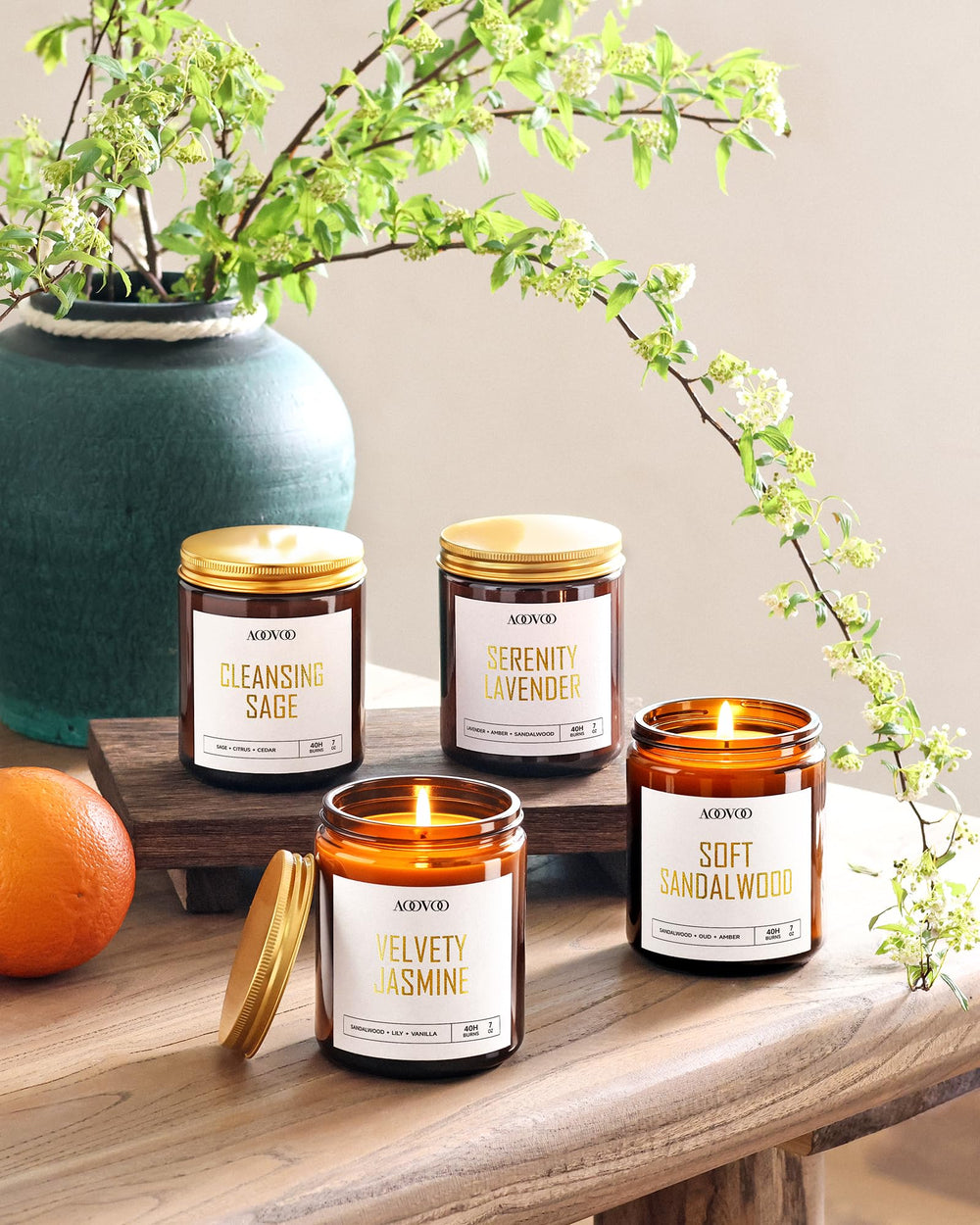 AOOVOO sandalwood candle jar promotes cozy, grounding atmosphere.