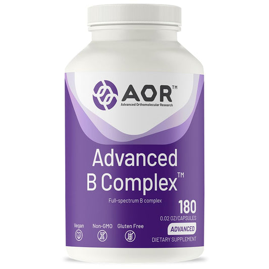 AOR Advanced B Complex bottle label highlighting active vitamins for energy support