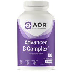 AOR Advanced B Complex bottle label highlighting active vitamins for energy support