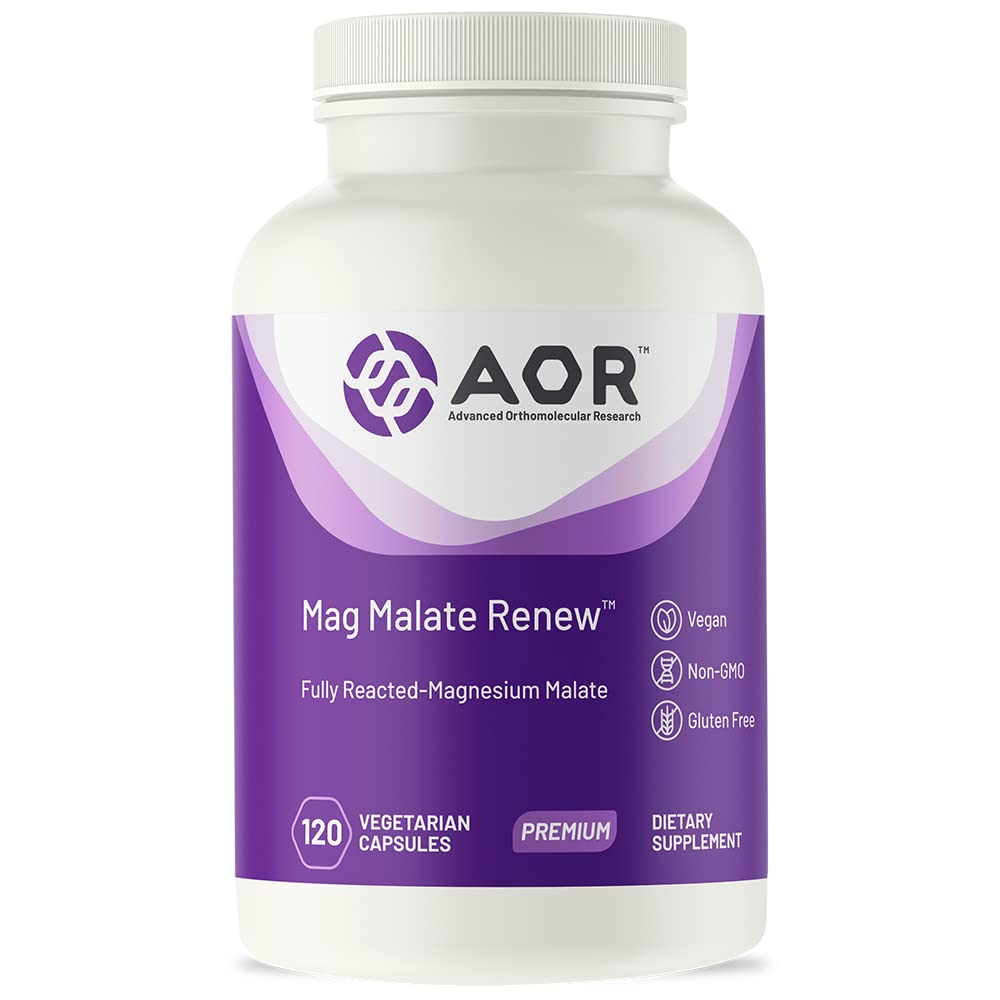 AOR Mag Malate Renew bottle front showing magnesium support for muscle function