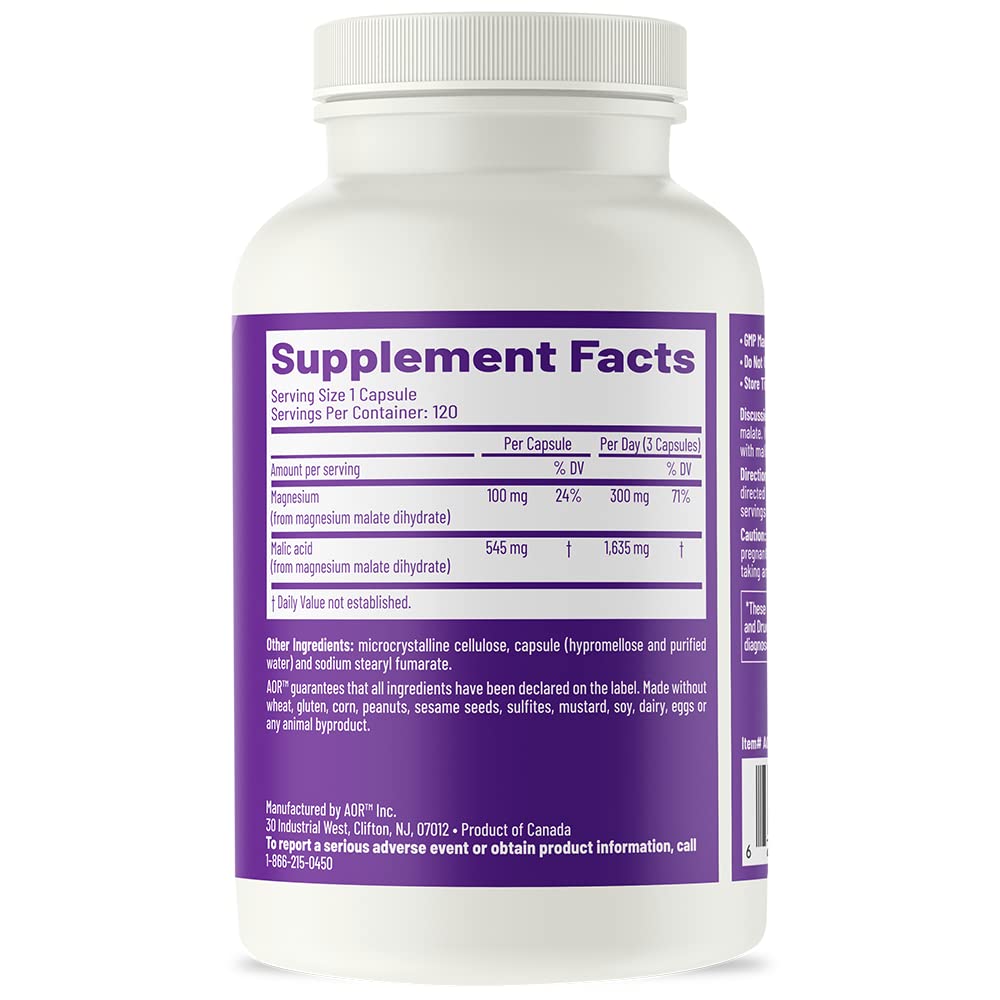 AOR Mag Malate Renew capsules closeup showcasing easy-to-swallow daily supplement for energy metabolism