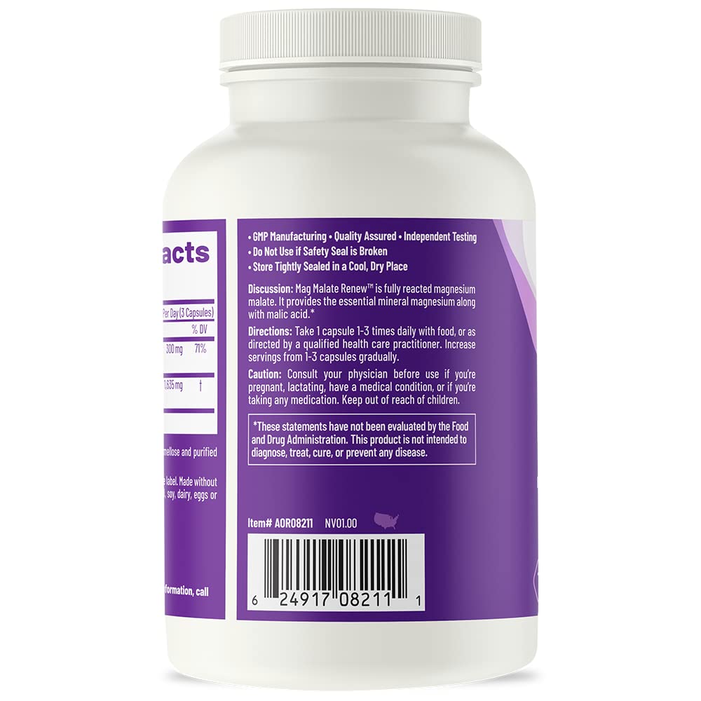 AOR Mag Malate Renew label detail emphasizes quality ingredients for balanced mineral support