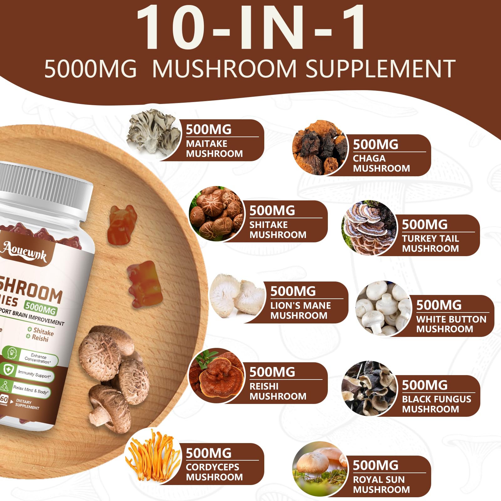 Aouewnk 10-mushroom blend illustration highlights diverse cognitive and immune benefits.