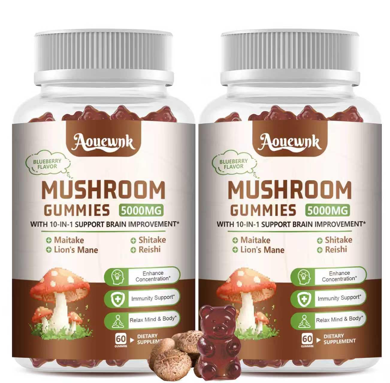 Aouewnk 2-pack bottle front with berry gummies for daily brain and immune support.