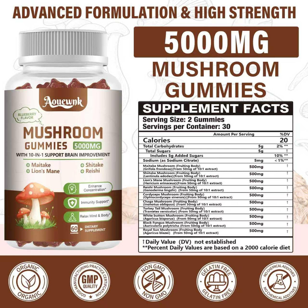 Aouewnk 5000mg mushroom gummies close-up shows chewy texture and blueberry flavor.