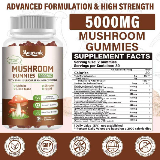 Aouewnk 5000mg mushroom gummies close-up shows chewy texture and blueberry flavor.