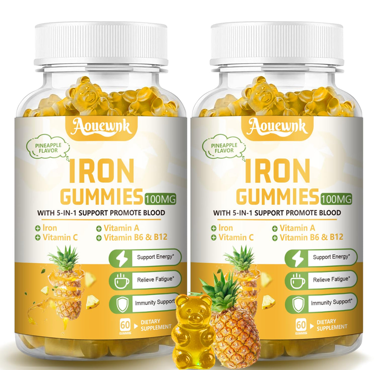 Aouewnk iron gummies bottle front view for daily energy