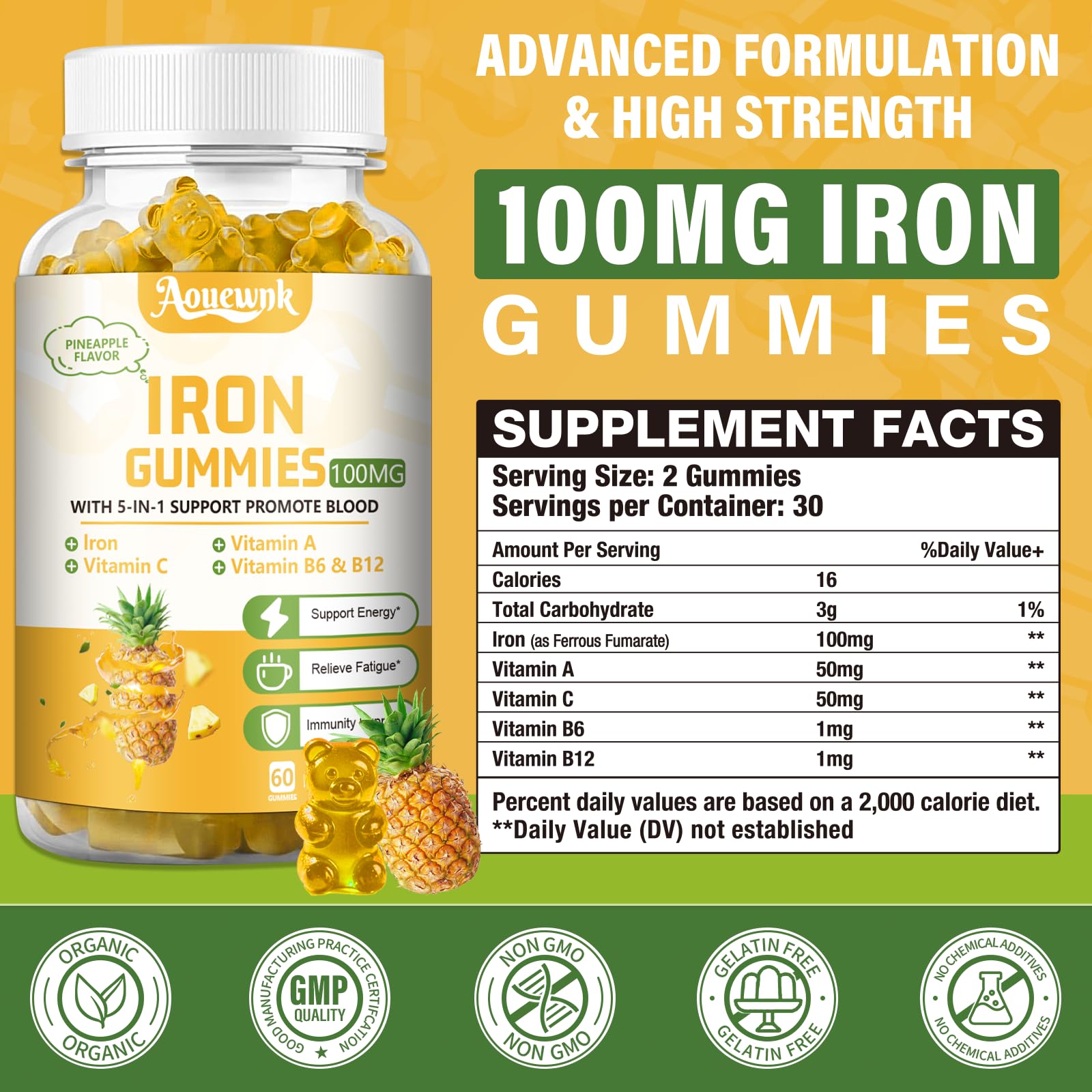 Aouewnk iron gummies ingredients label with ferrous fumarate and vitamins