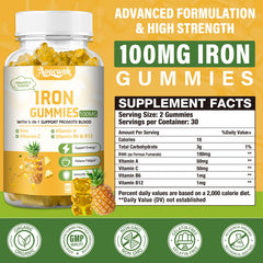 Aouewnk iron gummies ingredients label with ferrous fumarate and vitamins