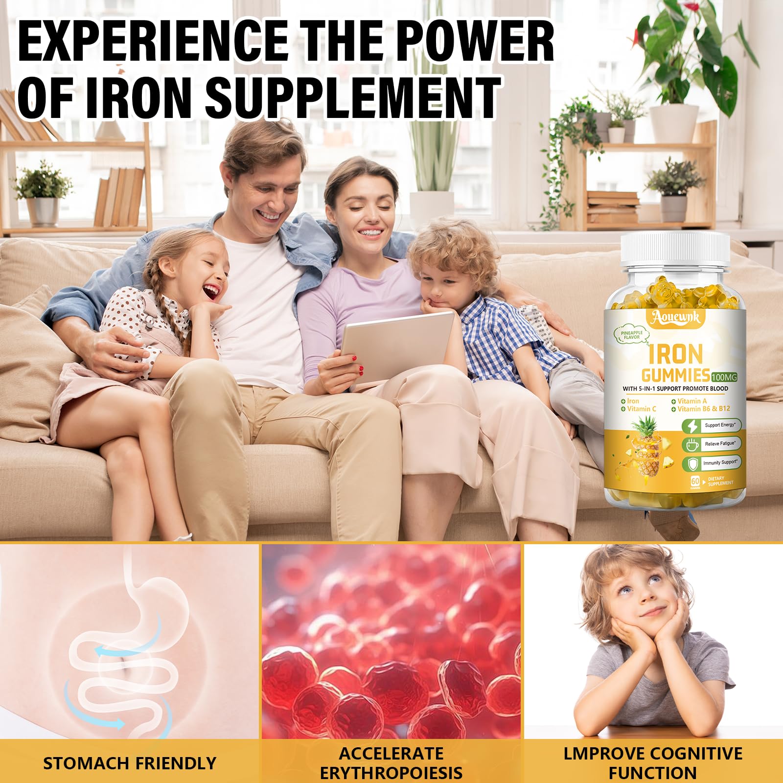 Aouewnk iron gummies two-pack packaging for adults and kids