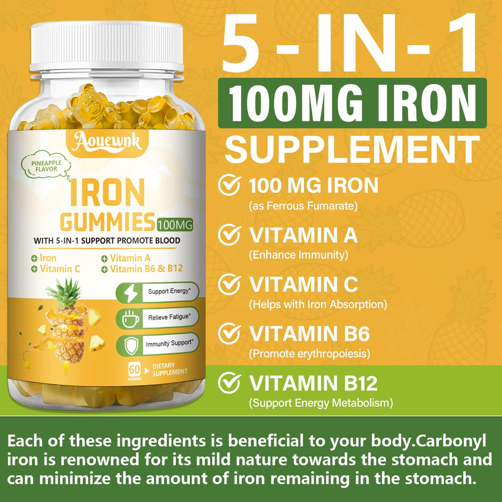 Aouewnk iron gummies pineapple flavor beside fresh pineapple